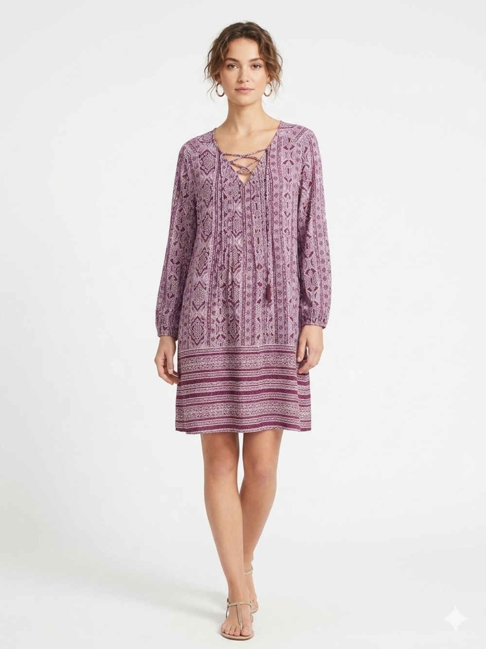 Terra & Sky Purple Printed Lace-Up Long Sleeve Dress Size 1X (16W-18W)